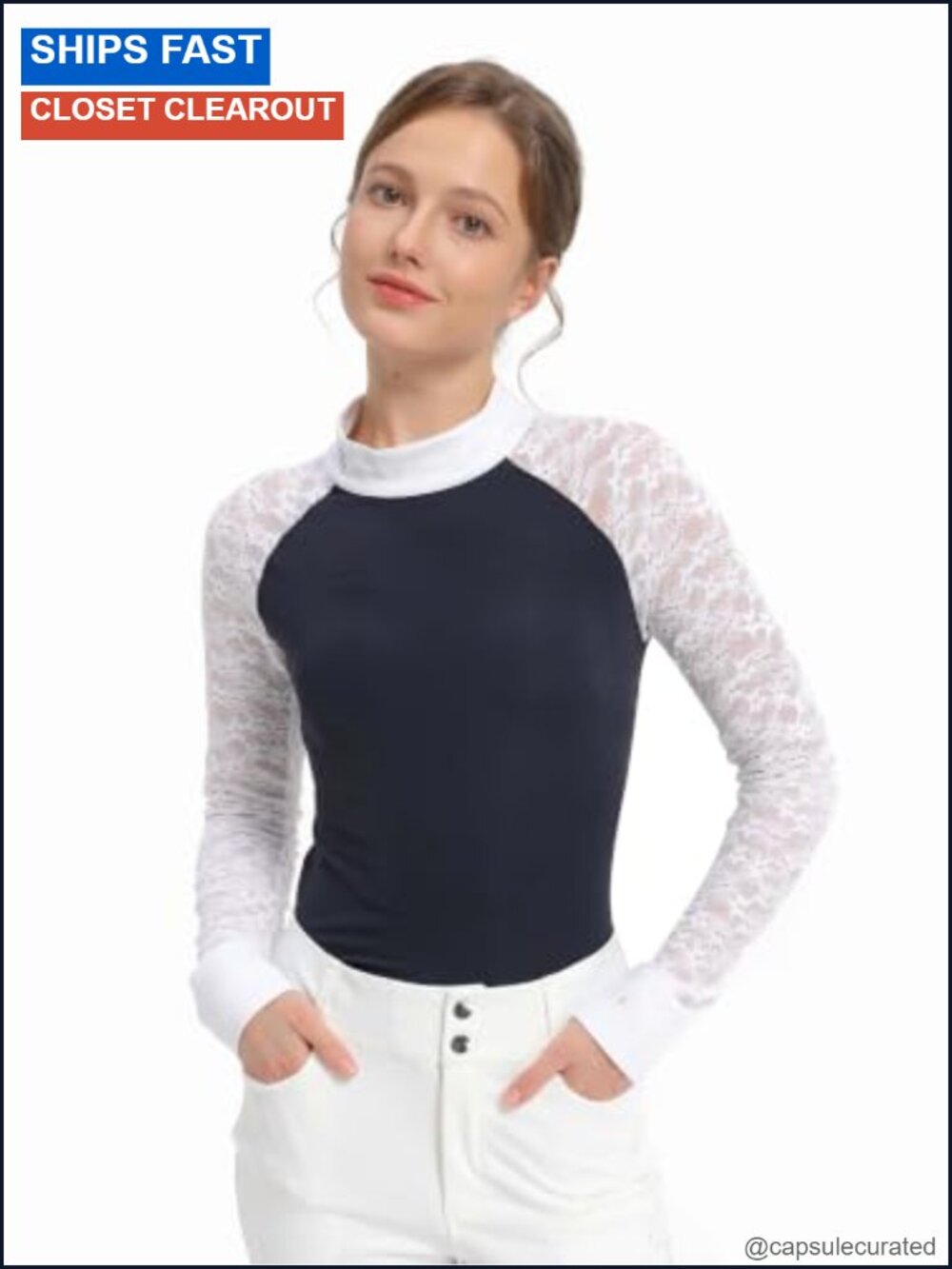 Equestrian Show Shirt Long Sleeve Riding Top Slim Fit Lace Sleeves